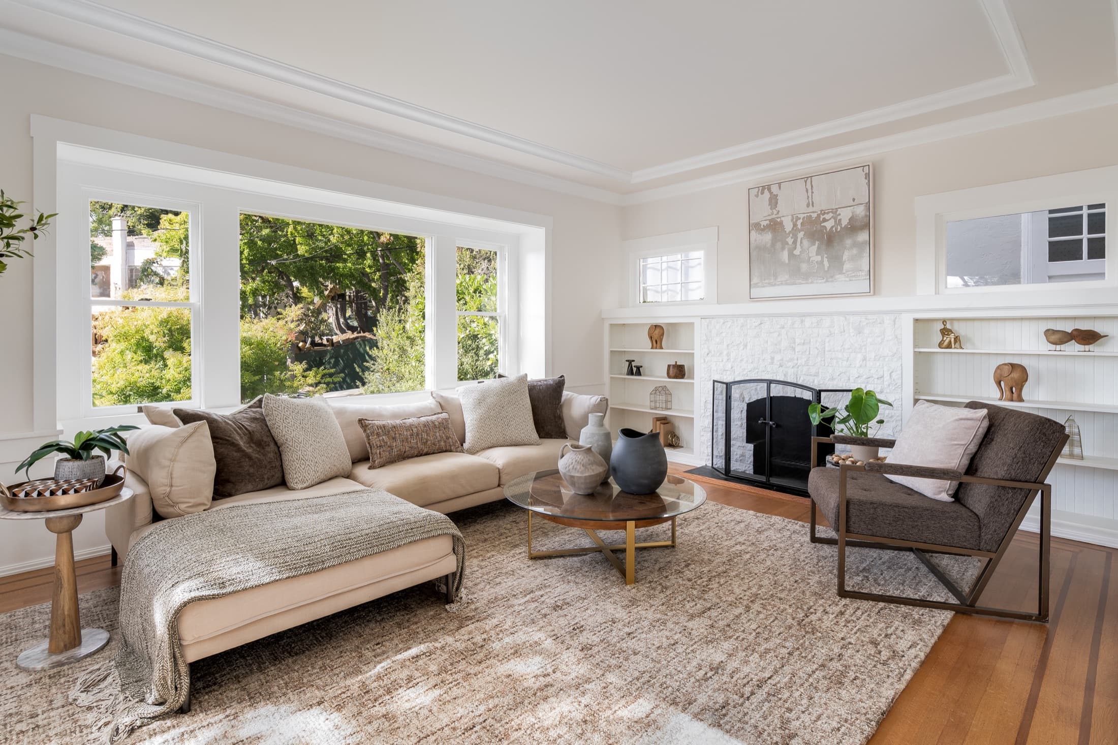 The fireplace and built-in shelving.