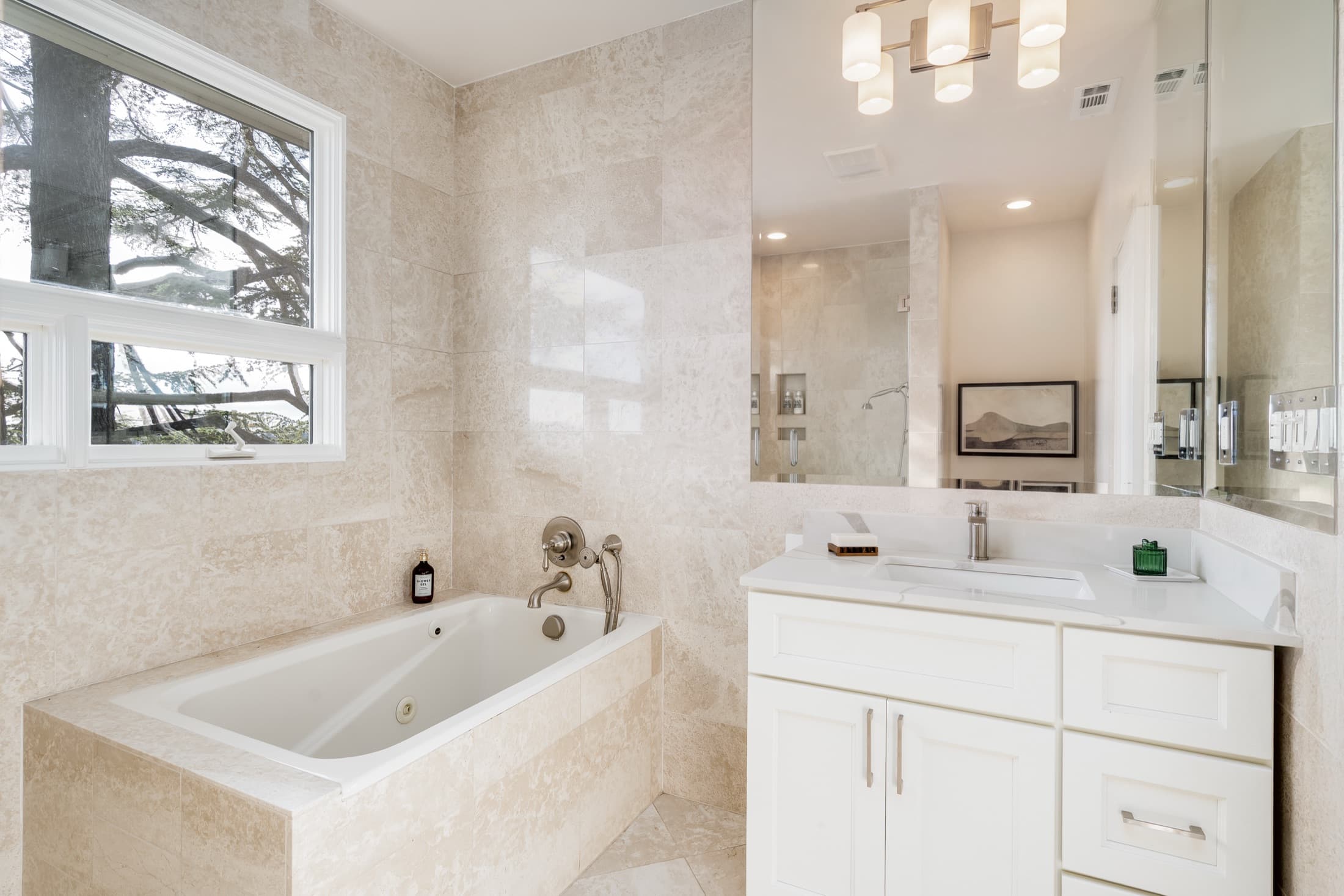 A bath with a soaking tub.