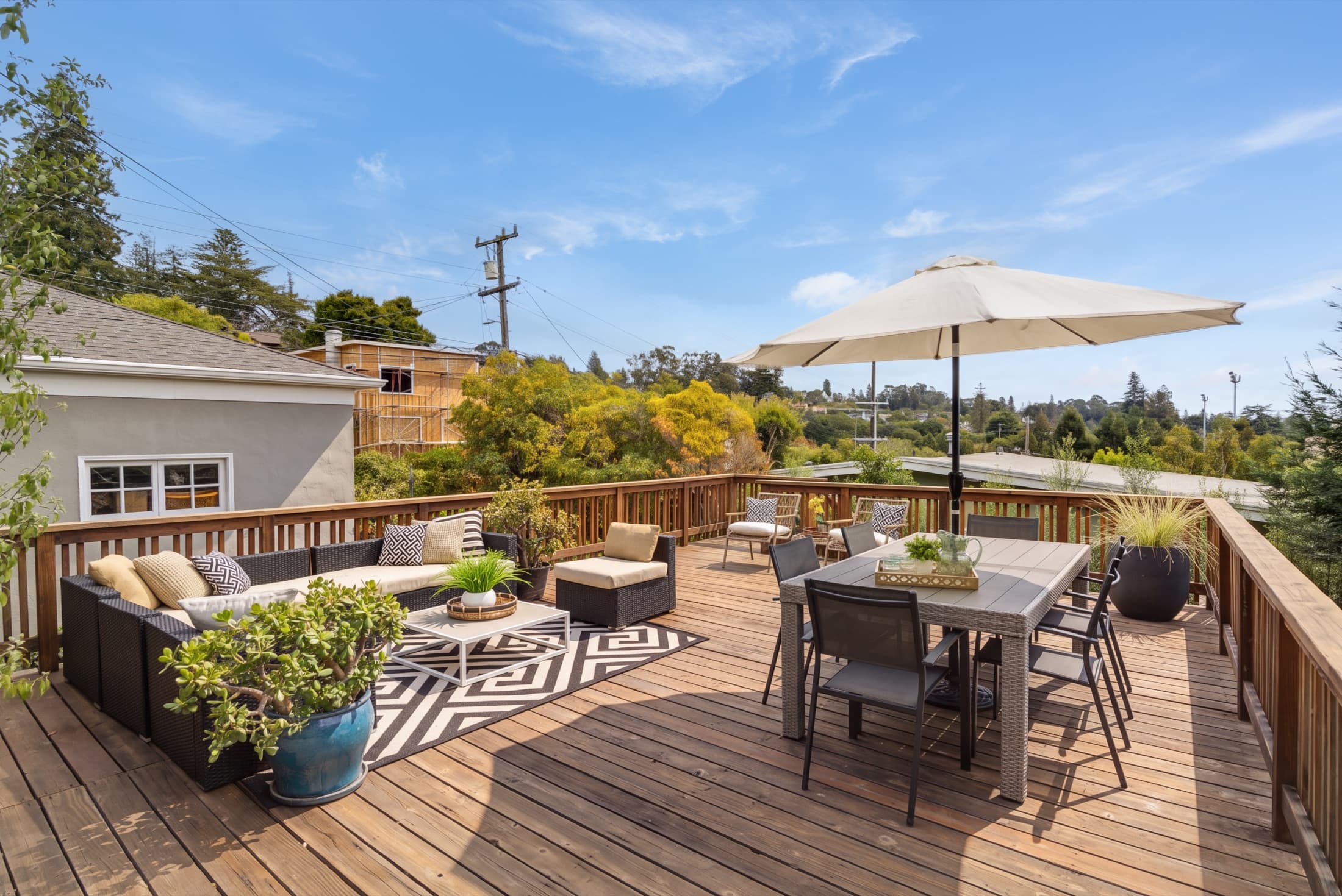 The deck, arranged for dining and lounging.