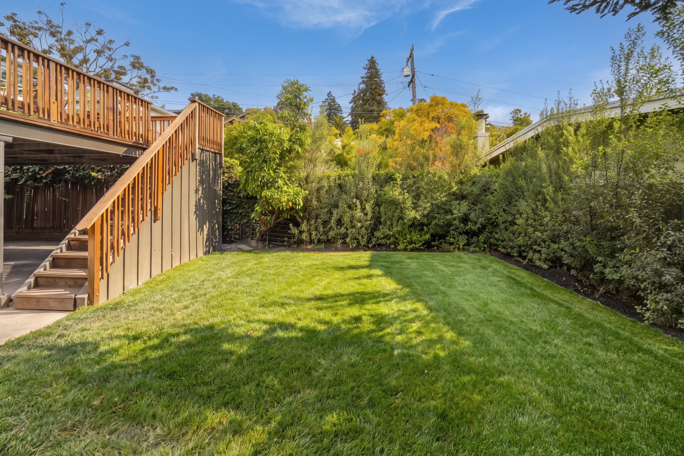 The lawn and deck stair.