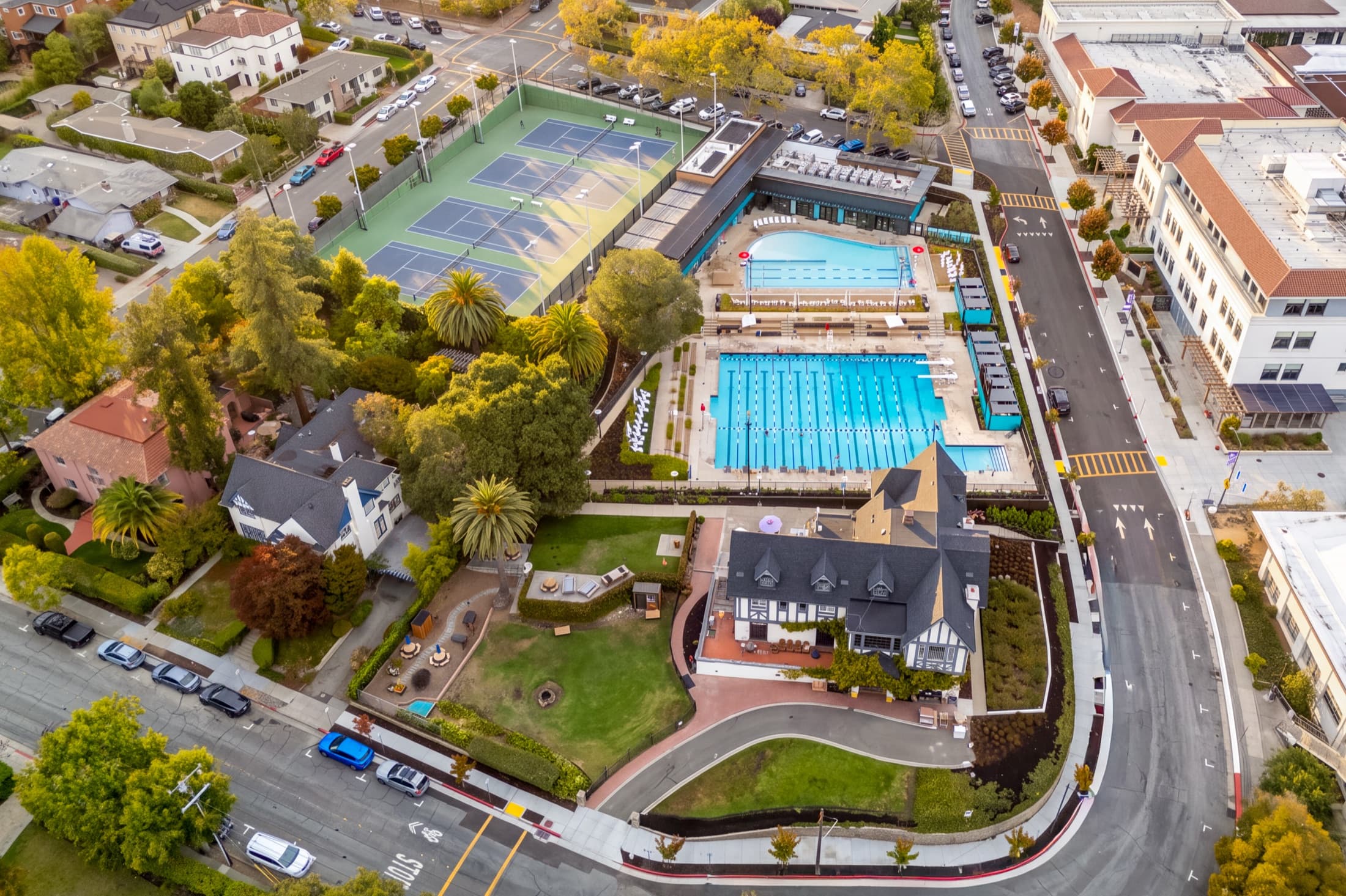 Aerial view of the Piedmont Community Pool, tennis courts, and neighboring civic buildings.