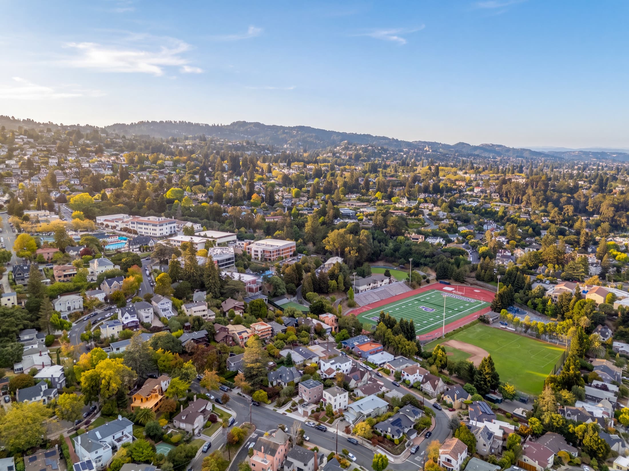 Aerial view of Piedmont’s school campus, athletic fields, and surrounding neighborhood.